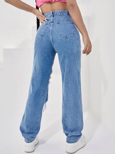 Vista 2 de Floerns Pantalones de mezclilla rectos con estampado de cintura alta y pierna ancha para mujer