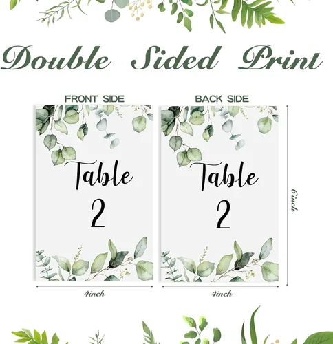 Vista 2 de Zonon 26 Piezas Tarjetas de Números de Mesa de Boda 1-25 con Números de Mesa Principal Tarjetas de Doble Cara de Follaje de Eucalipto Centros