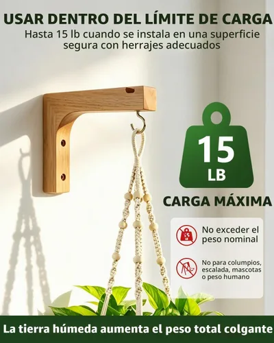Vista 5 de Colgador de plantas de macramé, macetas colgantes de pared para plantas de interior, ganchos de madera para macetas al aire libre, carillón