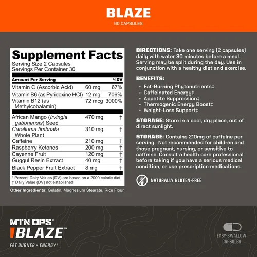 Vista 2 de MTN OPS Quemador de grasa Blaze y potenciador termogénico del metabolismo para pérdida de peso, 210 mg de cafeína por porción pastillas de cafeína