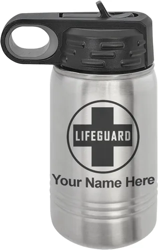 Vista 41 de LaserGram Botella de agua personalizada, salvavidas, acero inoxidable de doble pared aislada al vacío con popote superior, regalo grabado Negro