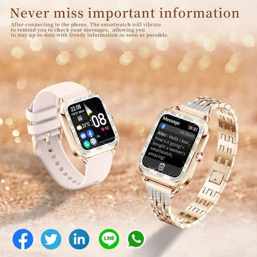 Vista 5 de Relojes inteligentes para mujer con diamantes (respuesta/hacer llamadas), pantalla táctil HD de 1.29 pulgadas, reloj inteligente Android, rastreador