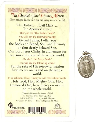 Vista 2 de Tarjeta de oración sagrada de Chaplet to Divine Misericordia en inglés con dije de medalla