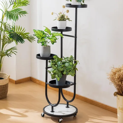 Vista 4 de CHPHI Soporte para plantas de hierro forjado de 4 niveles para interiores, estante alto de metal para múltiples plantas, soporte de metal con ruedas