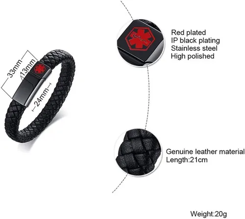 Vista 2 de VNOX Pulsera médica para hombres Pulsera de cuero genuino de acero inoxidable con alerta médica para hombres y mujeres, 8.3 pulgadas