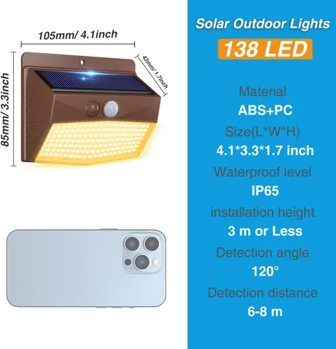 Vista 5 de 1 paquete de luces solares con detección de movimiento para exteriores, luz de seguridad solar con 3 modos, luces de inundación IP65 impermeables