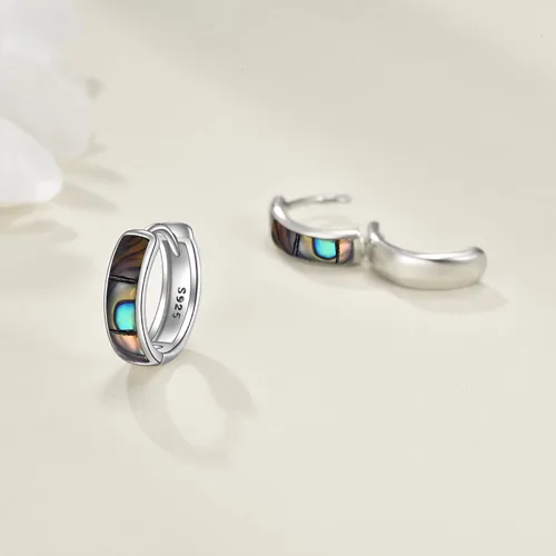 Vista 3 de Aretes de aro celta de concha de abulón, turquesa, ópalo, negroblanco, plata de ley, para mujer (abulón 2)