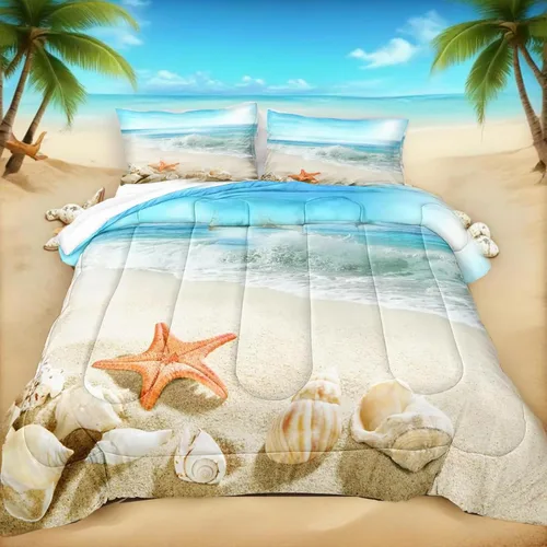 Vista 26 de Bedbay Juego de edredón con temática de playa, juego de edredón costero tamaño Queen, vida marina, turquesa, estrellas de mar, juego de edredón