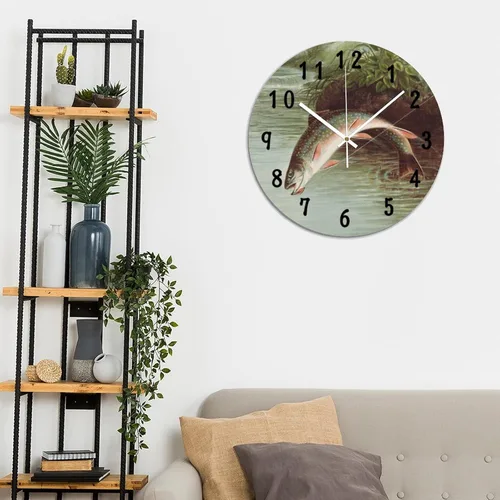 Vista 6 de Reloj de pared de peces de trucha arco iris, relojes de PVC para decoración de dormitorio, relojes de pared a pilas de 10 x 10 pulgadas, reloj