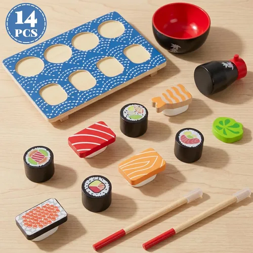 Vista 2 de Juego de comida para cortar sushi, juguetes de cocina de madera para niños de 3 años en adelante, juguete de aprendizaje de sushi para niñas y niños