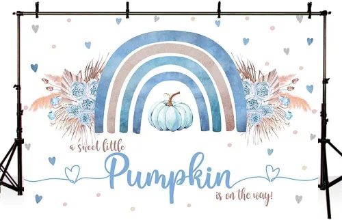 Vista 4 de Sendy Telón de fondo bohemio de calabaza azul de 7 x 5 pies para baby shower, otoño, A Little Pumpkin Boy is on The Way, suministros de decoración