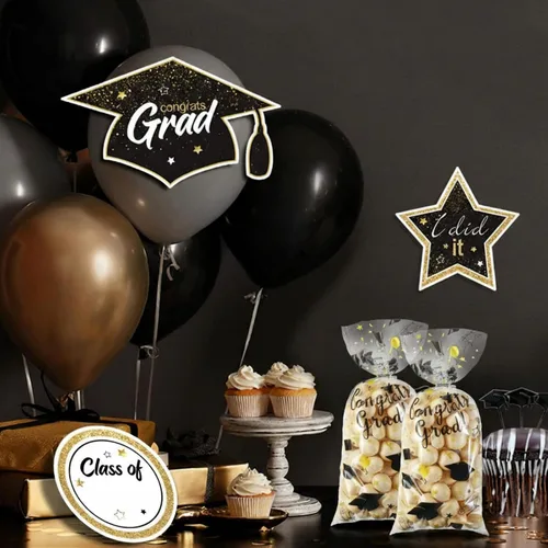 Vista 5 de Blulu 100 bolsas de celofán de graduación, felicitaciones para graduados, bolsas de regalo de plástico con 100 lazos giratorios plateados para Negro