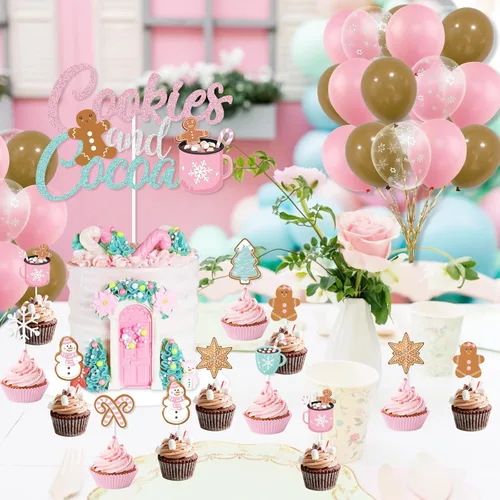 Vista 7 de Decoraciones de fiesta de galletas y cacao, banner de galletas rosas y cacao, banner navideño de hombre de jengibre, globos para adorno de pastel