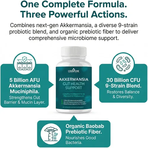 Vista 4 de CogniTune Probiótico con 5 mil millones de AFU Akkermansia Muciniphila - Apoya la salud intestinal con 30 mil millones de UFC y fibra prebiótica