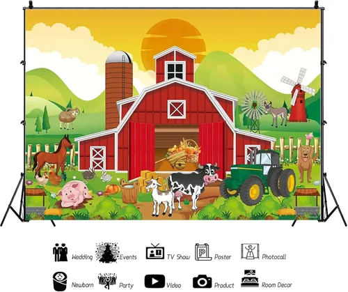 Vista 3 de Telón de fondo rojo de granero para niños, decoración de fiesta de cumpleaños, dibujos animados de animales de granja, granero, fondo de fotografía