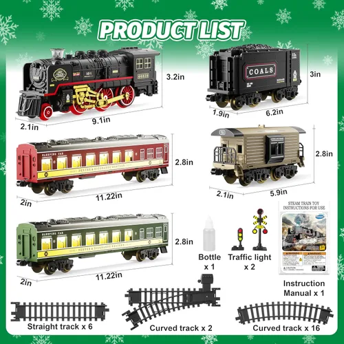 Vista 5 de Funwee Juego de tren con vagones de pasajeros brillantes para debajo del árbol de Navidad, juguete de tren eléctrico con humo, luz y sonido, idea