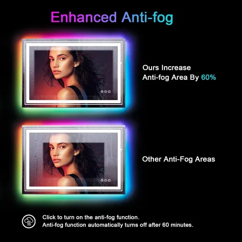Vista 5 de Snowdool - Espejo LED para baño de 20"X28", con 8 luces RGB retroiluminadas + 3 luces frontales (ajustables individualmente), antiempañamiento, 3
