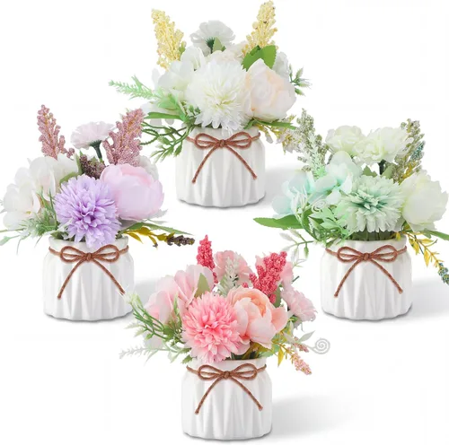 Vista 16 de Cindeer 4 piezas de flores artificiales grandes en maceta, flores artificiales de plástico para decoración del hogar, plantas artificiales