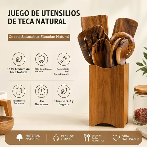 Vista 2 de Juego de utensilios de cocina de madera de teca prémium de 8 piezas, resistentes al calor, ligeras y resistentes, cucharas de madera para utensilios