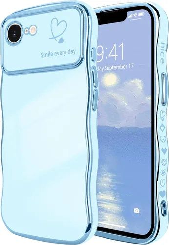 Vista 49 de LCHULLE - Funda para iPhone Air, linda para mujeres y niñas, con forma de onda, color azul bebé Luxury Plating Curly Wavy Frame with Love Heart