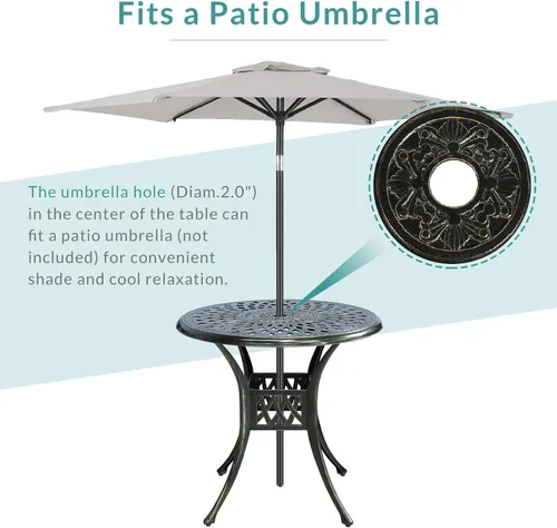 Vista 5 de Juego de comedor de patio al aire libre de 3 piezas, juego de conversación de aluminio fundido para todo tipo de clima con 2 cojines giratorios