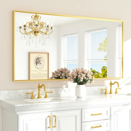Vista 88 de TETOTE Espejo de baño dorado cepillado de 20" x 30", espejo de tocador de baño rectangular de latón dorado cepillado con marco biselado para sobre