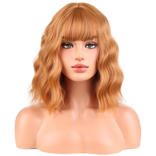 Vista 19 de BERON Pelucas cortas verdes para mujer, peluca rizada ondulada con flequillo para niñas, pelucas de cabello de color verde aguacate, peluca