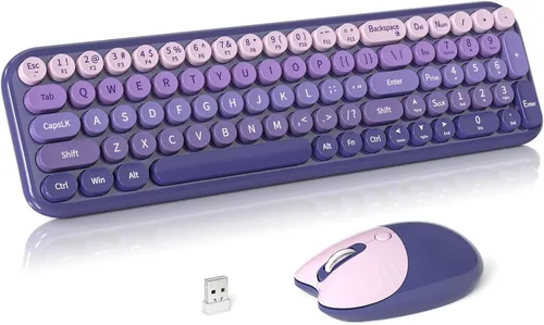 Vista 9 de Combo de teclado y mouse inalámbricos, 2.4 GHz degradado colorido de tamaño completo retro con mouse inalámbrico para PC/computadora