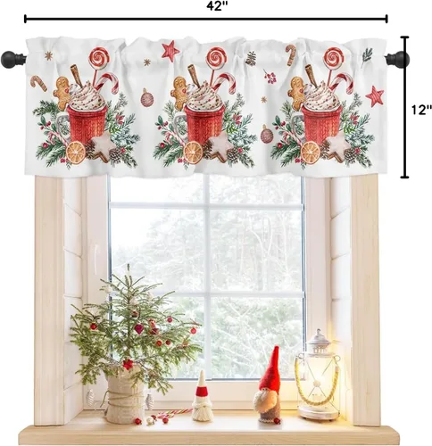 Vista 8 de Cenefas de Navidad para ventanas, con bastón de caramelo de jengibre, cortina de cocina, cenefas de Navidad, bolsillo para barra, cortina de ventana