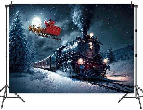 Vista 4 de Fondo de fotografía de tren de Navidad, tren nocturno de invierno, Papá Noel, fondo fotográfico para Navidad, Año Nuevo, fiesta infantil