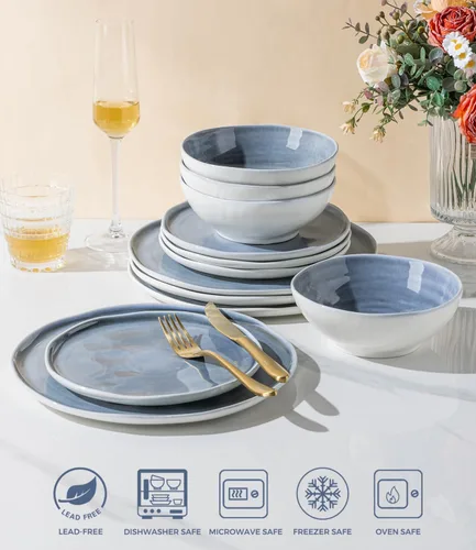 Vista 2 de LERATIO - Juego de vajilla de porcelana para 4, juegos de platos y tazones con borde ondulado, aptos para microondas, lavavajillas y horno