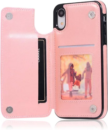 Vista 5 de Asuwish Funda para iPhone XR con protector de pantalla de vidrio templado, funda de cuero con soporte para tarjetas, doble cierre magnético y funda