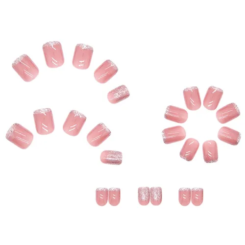 Vista 2 de Hkanlre Uñas postizas cortas de color rosa a presión, cuadradas, brillantes, cobertura completa, francesas, para mujeres y niñas, 24