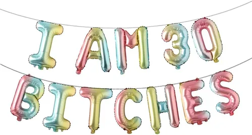 Vista 18 de Globos multicolor con texto en inglés "I AM 30 BITCHES" para decoración de cumpleaños de 30 años para ella (30 perras, negro)
