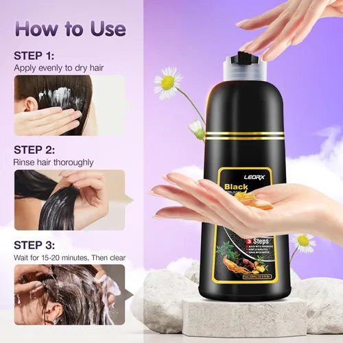 Vista 3 de Leorx Champú 3 en 1 para teñir el cabello marrón, color para refrescar el cabello, coloración herbaria instantánea para mujeres y hombres, 16.9