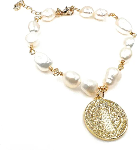 Vista 3 de San Benito - Pulsera de perlas barrocas con medalla chapada en oro de 18 quilates para mujer joyería de moda M Vidrio Chapado en oro