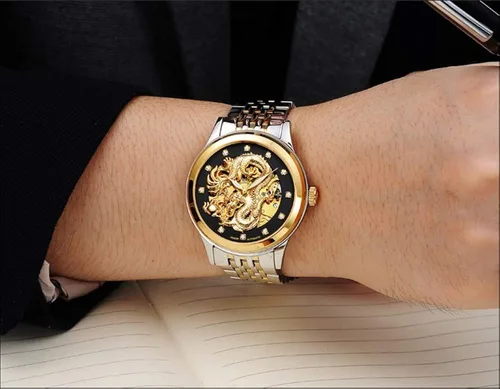 Vista 7 de Gosasa Reloj de oro mecánico de lujo con esfera tallada para hombre 'Dragon Collection
