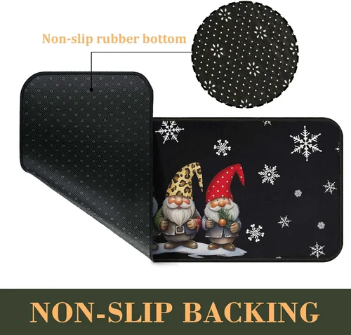 Vista 6 de Alfombras de cocina de cuadros de búfalo con gnomos de árbol negros, juego de 2, Merry Christmas, decoración de piso de perfil bajo para fiestas