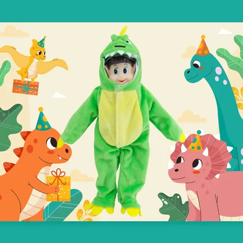 Vista 3 de Accesorios y ropa para muñeca de elfo, conjuntos de vestimenta de dinosaurio de alta costura, la muñeca no está incluida (dinosaurio verde)
