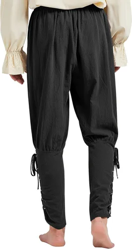 Vista 4 de Pantalones de pirata para hombre, pantalones renacentistas con bandas de tobillo, medievales, vikingos, navegantes, disfraz de pirata con cordones