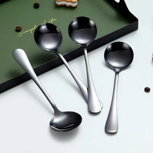 Vista 3 de Berglander - Juego de 4 cucharas de sopa negras de acero inoxidable chapado en titanio de 7.5 pulgadas, cucharas redondas brillantes, juego