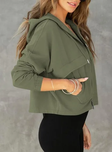 Vista 3 de Dokotoo Sudaderas con capucha recortadas con cordón y cremallera para mujer, sudadera con bolsillos a la moda de otoño 2023