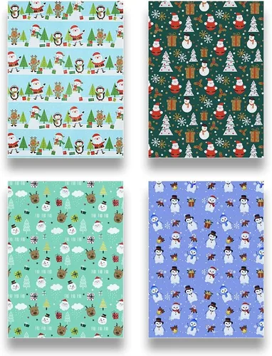 Vista 3 de Hojas planas plegadas de papel de regalo de Navidad (30 x 20 pulgadas por hoja, 4 hojas, 4 diseños: 15 pies cuadrados ttl) con cinta de borde dorado