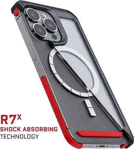 Vista 4 de Ghostek ATOMIC - Funda delgada iPhone 13 Pro, parachoques de metal negro con anillo MagSafe transparente en la parte trasera, protección resistente