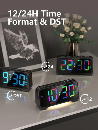 Vista 8 de Mesqool Reloj despertador súper fuerte para dormitorios, modo de fin de semana/día de la semana, atenuador, repetición, 12/24 horas, horario de Negro