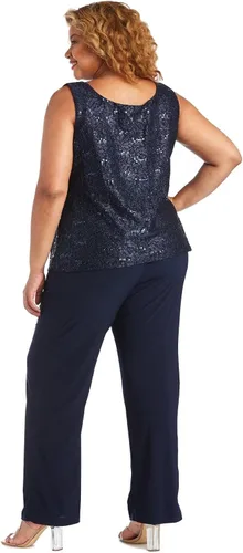 Vista 2 de R&M Richards Conjunto de camiseta sin mangas y pantalón para mujer con chaqueta de encaje transparente