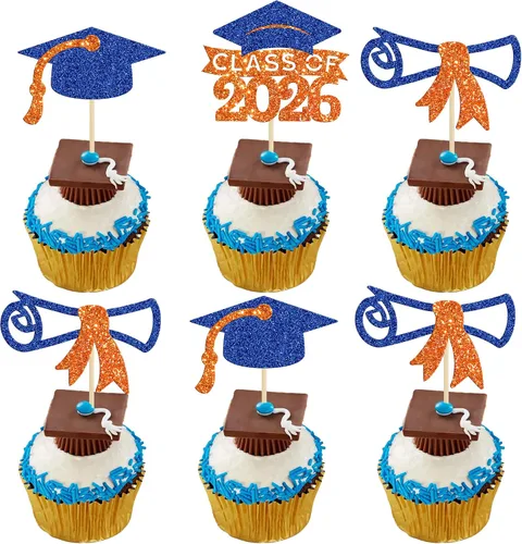 Vista 14 de Gyufise 24 piezas Adornos para pastel de graduación 2026 con purpurina negra, clase de 2026, adornos para magdalenas con gorra de graduación