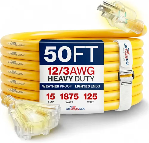 Vista 16 de Cable de extensión de 3 pies para exteriores/interiores, 3 tomas, calibre 12/3, extra resistente, 3 clavijas SJTW, impermeable, flexible, resistente