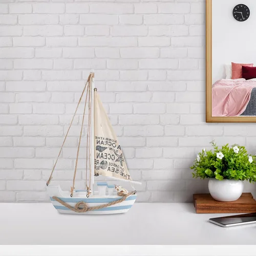 Vista 8 de Modelo de velero de madera, mini LED náutico, conchas náuticas, estatuilla de barco de vela de madera, decoración para el hogar, escritorio