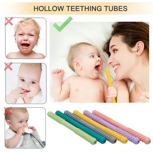 Vista 12 de Tubos de dentición huecos para bebés, niñas y niños, paquete de 6 tubos de silicona para bebés con mordida de lactancia, pajitas masticables